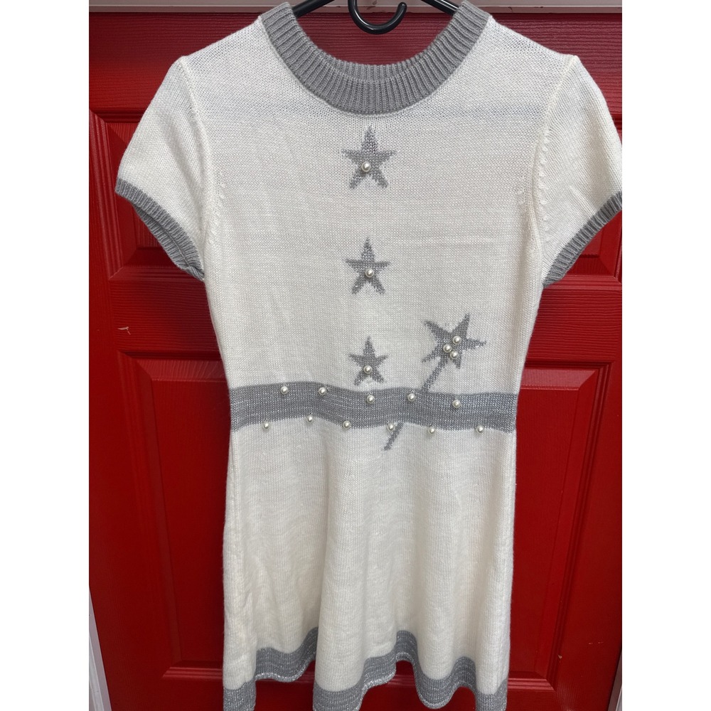 No Boundaries Cream Knit Star Pearl Sweater Dress Silver L 11-13 Short Sleeve